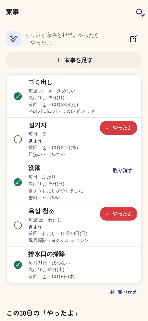 ふたりのリストの家事と「やったよ」